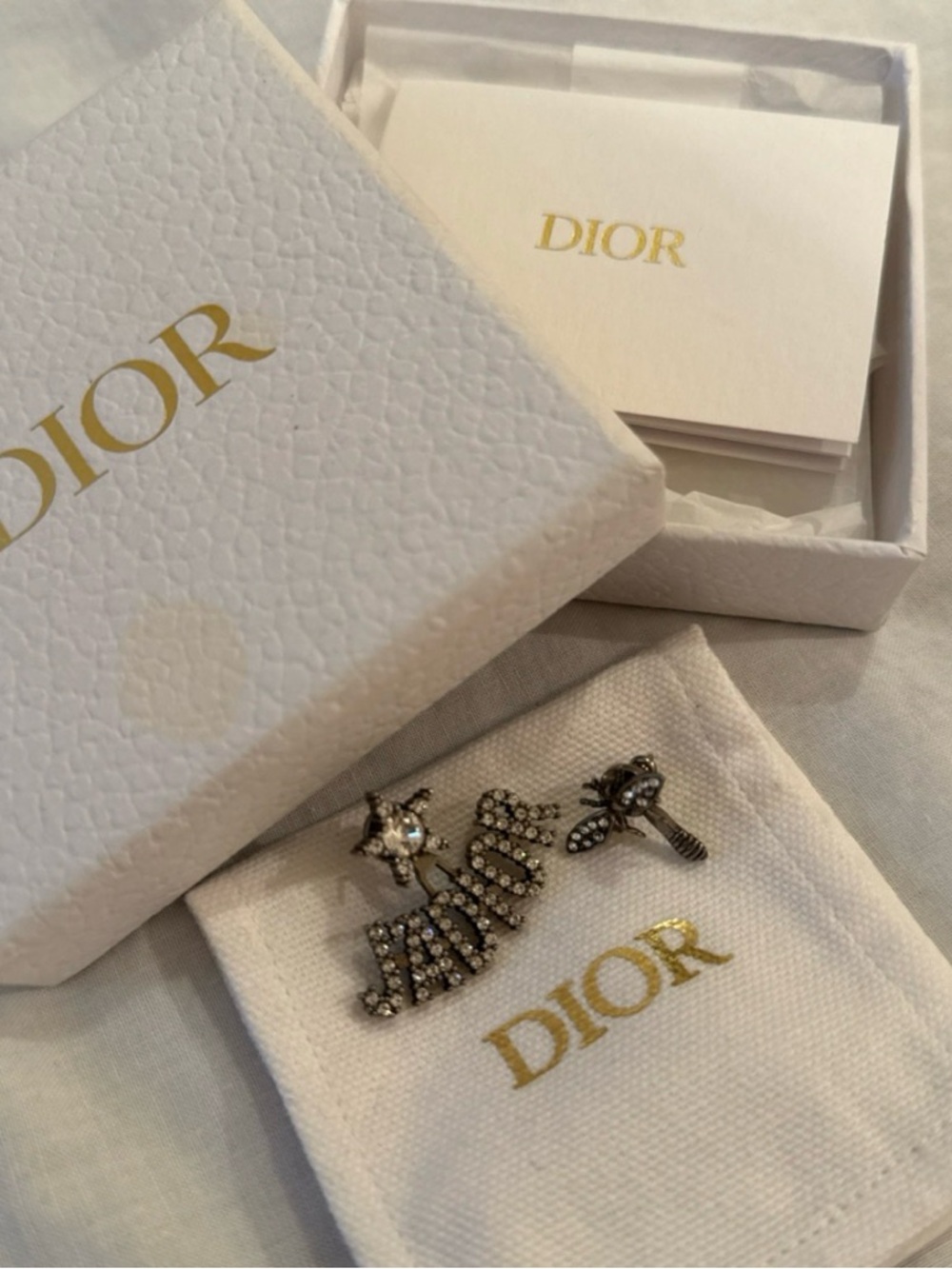 Dior Silver Crystal Logo and Bee Earrings Set